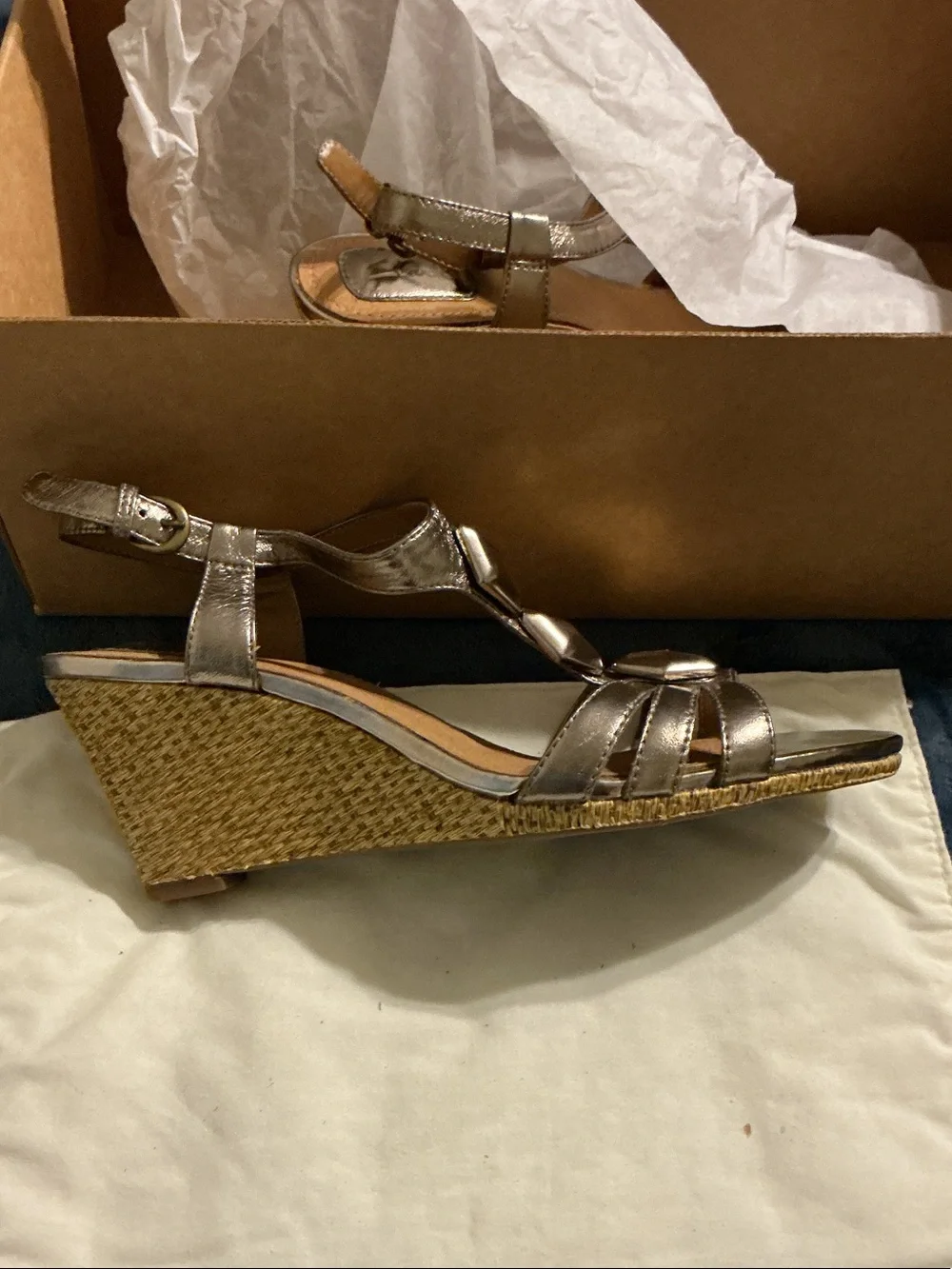 Clarks Metallic Pewter T-Strap Wedge Sandal with Geometric Accents
